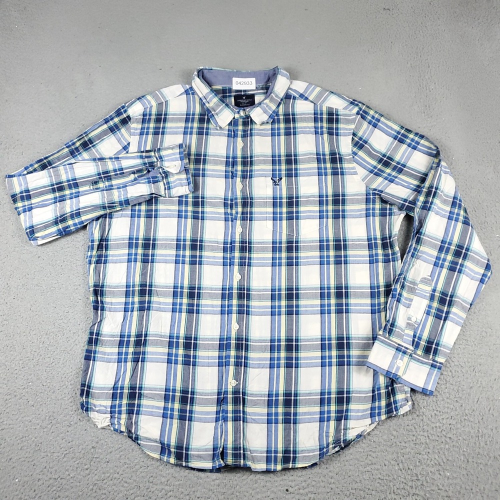 American Eagle Mens 2XL Blue Plaid Button Up Long Sleeve Classic Fit Shirt
